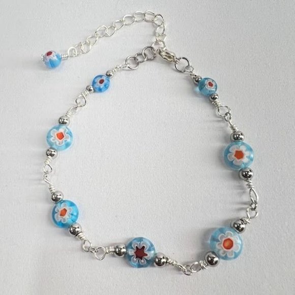 Handmade Millefiori Glass Bracelet Set with Lobster Clasp Silver. Blue Red - Picture 3 of 7